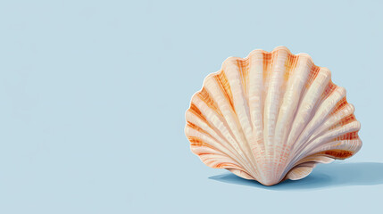 Single seashell on a light blue background with copy space. Seashell. Illustration
