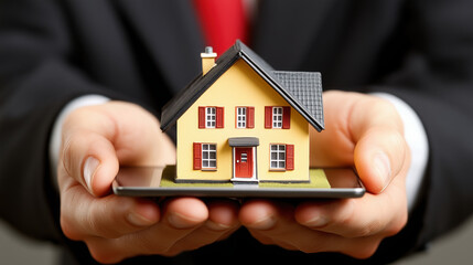 A real estate agent holding a miniature house model in one hand and a tablet in the other, showing  property price trends, with a digital dashboard showcasing market insights in the background

