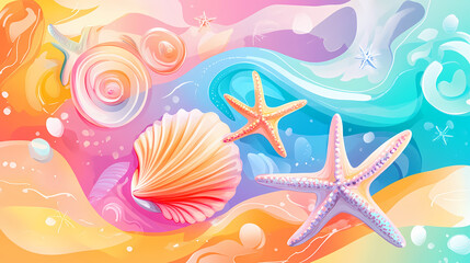 Summer time concepts feature seashell starfish and coastal decorations on an abstract style beach background Seashell. Illustration