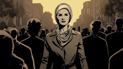 Woman in headscarf stands out in a crowded street. Sepia style portrait of muslim lady. Strong islamic girl with a turban in the crowd