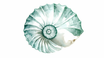 Obraz premium Watercolor illustration of a minimalist scandinavian spiral seashell pattern in subtle jade green on white ink watercolour. Seashell. Illustration