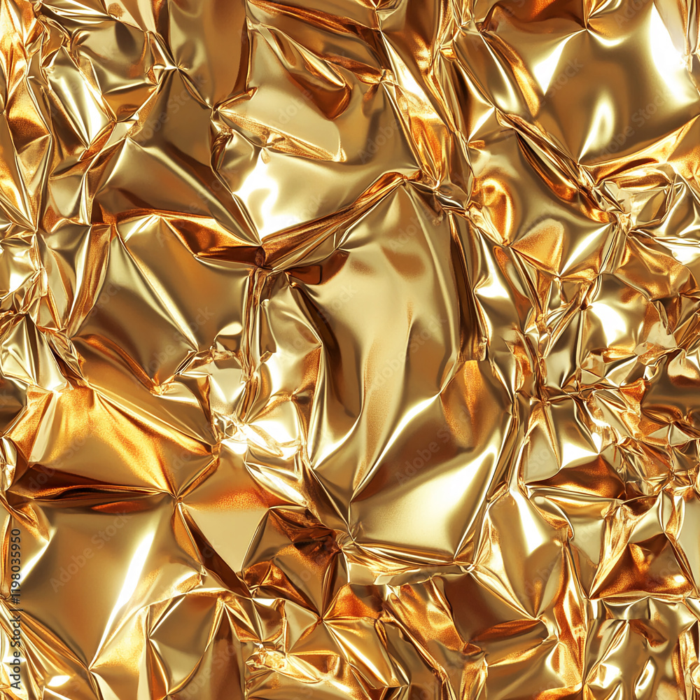 Poster crumpled gold foil texture with shiny metallic pattern