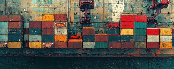 Aerial view of a container ship docked at a bustling industrial port