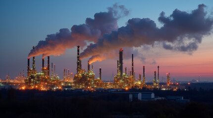 Fototapeta premium Industrial landscape at dusk with illuminated refinery and smokestacks emitting vapor