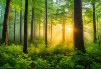 Obraz premium stunning panoramic sunrise over lush forest landscape misty vibrant majestic trees bathed golden light, nature, scenery, foliage, view, horizon, tranquil