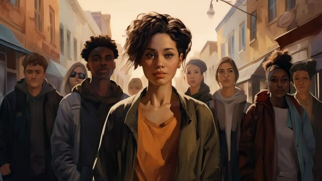 Group of diverse young people on street. Caucasian woman in front. Demonstrations, rally or march protest concept. Martin Luther King Day