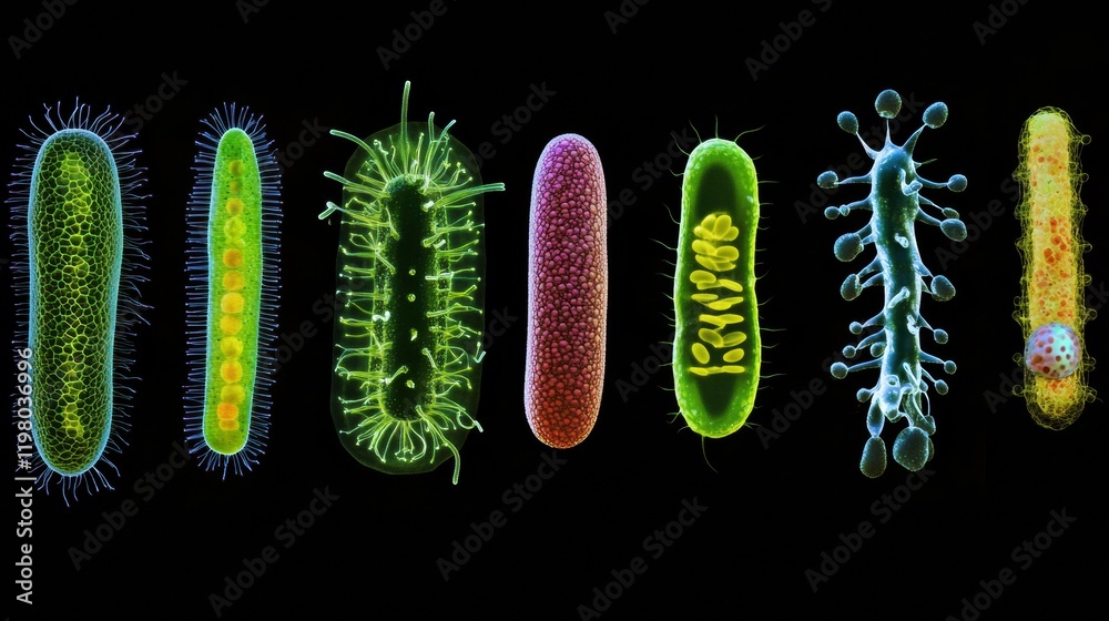 Aufkleber Sequence of evolving bacteria showcases diverse structures and shapes in microbial development over time. Generative AI
