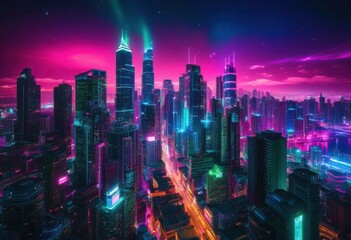 Fototapeta premium astrophotography showcasing vibrant neon lit urban landscape under starlit sky dynamic city lights, nightscape, skyline, glow, twilight, starry, illumination