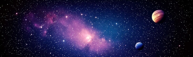 Fototapeta premium Vivid Cosmic Scene Featuring Colorful Nebula and Two Distinct Planets in an Infinite Starry Sky