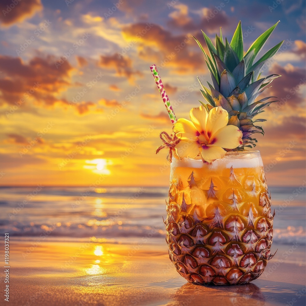 Poster refreshing cocktail served in a pineapple on the beach during a vibrant sunset overlooking the ocean