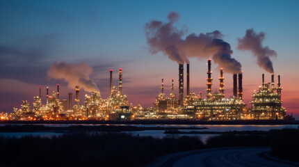 Obraz premium Industrial landscape at dusk with illuminated refinery and smokestacks emitting vapor