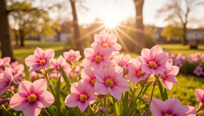 Obraz premium Pink blossoms illuminated by sunset in a spring garden 