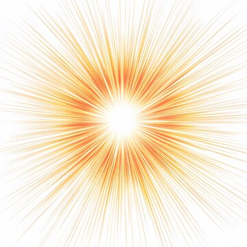Design a bright, vibrant light burst illustration centered on a clean white background. The light source is very bright in the center, changing from pure white to warm yellow and soft orange as it rad