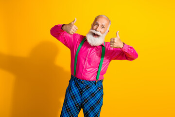 Photo portrait of bearded gentleman thumb up approve wear fashionable clothes suspenders isolated...