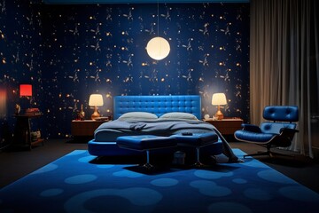 Beautiful Bedroom with Blue Carpet, Chair, Bed, Designer Lights, and Armchairs