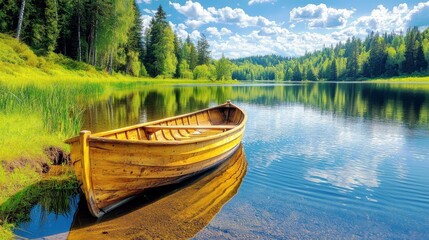 Obraz premium Serene Landscape with Wooden Boat on Calm Water Surrounded by Lush Green Trees and Vibrant Sky Reflected in the Peaceful Lake Environment