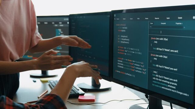 Back end software developer engineer for computer programming working together on debugging writing computing code, solving complex algorithms display on monitor in office. Burgeoning