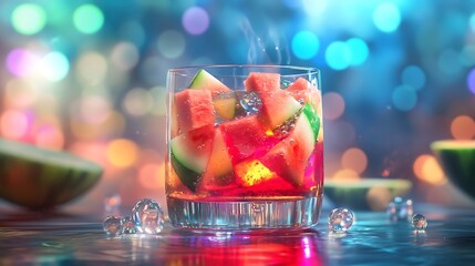 A futuristic watermelon punch with radiant fruit chunks and glowing bubbles in a high-tech glass 