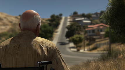 A man in a wheelchair gazes at a staircase covered with fallen autumn leaves, symbolizing challenges and resilience.
