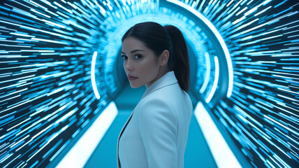 A woman in a white suit stands against a backdrop of blue light beams, symbolizing innovation and digital transformation.
