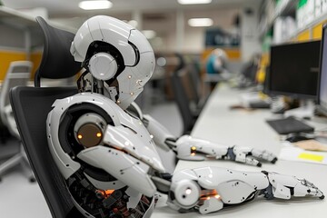 Fototapeta premium Humanoid Robot in Office Chair Suffering from Back Pain