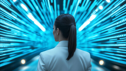 A woman in a white suit stands against a backdrop of blue light beams, symbolizing innovation and digital transformation.
