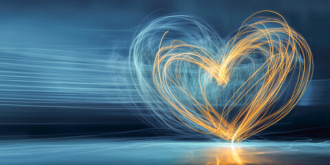 Valentine romantic love heart light painting, yellow blue, romance background with copy space for engagement, wedding party, invitations, dating couple themes