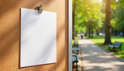 Blank flyer pinned to bulletin board in sunny park, outdoor advertisement