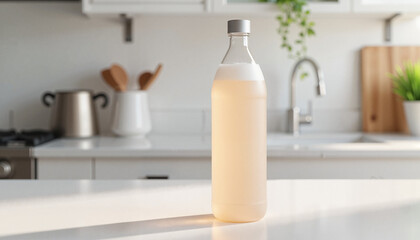 Sleek modern soda bottle on kitchen counter, fresh simplicity