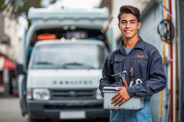 Young Male Plumber Showing Off Toolbox in Front of His Work Van
