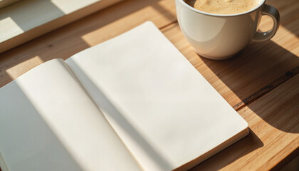 Cozy morning with blank notebook and coffee cup, creative inspiration