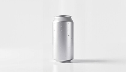 Sleek aluminum can with condensation on minimalistic white background, product mockup