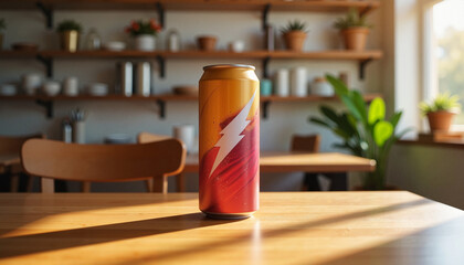 Vibrant energy drink can on wooden table in cozy caf?, freshness concept