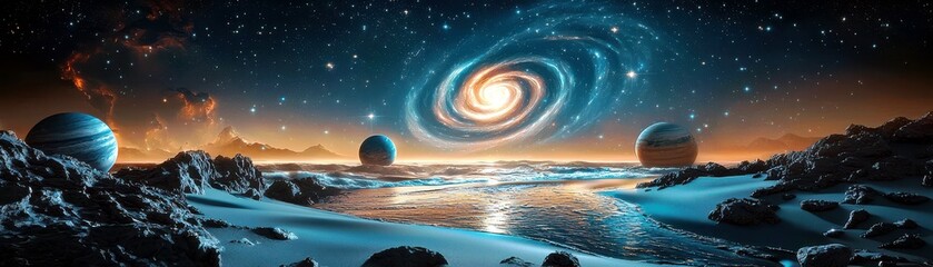 Stunning cosmic landscape featuring a colorful galaxy, distant planets, serene ocean waves, and a starry night sky with vibrant hues and intricate details