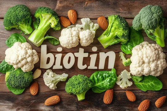 Food letter arrangement with biotin ingredients for healthy eating made from almonds broccoli and cauliflower	