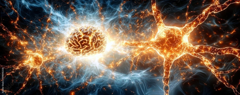 Poster abstract depiction of brain neurons and synapses illuminated by vibrant energy and light, representi
