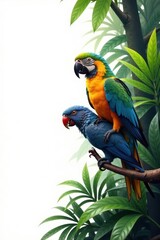 Obraz premium Exotic birds perch on a branch amidst jungle vegetation on white canvas, bird, jungle, greenery