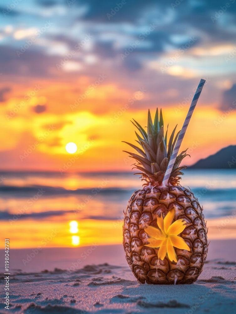 Poster sunset view with a pineapple drink on the beach showcasing vibrant colors and serene atmosphere. gen
