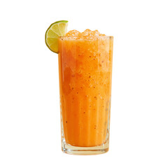 Fresh papaya smoothie in a glass with lime wedge on beige backdrop