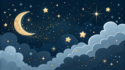 Naklejka premium A Deep Navy Background With Glowing Clouds, Twinkling Stars, And A Crescent Moon, Featuring Golden And Silver Sparkles, Creating A Serene And Magical Night Scene Ideal For Dreamy Designs.