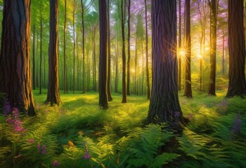Fototapeta premium breathtaking lush green forest landscape featuring sun drenched trees wrapped vibrant beauty, sunlight, nature, greenery, leaves, woods, wilderness