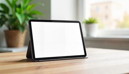 Sleek tablet mockup on modern wooden desk, tech ambiance