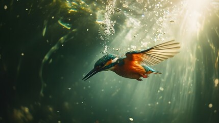 Kingfisher diving into water
