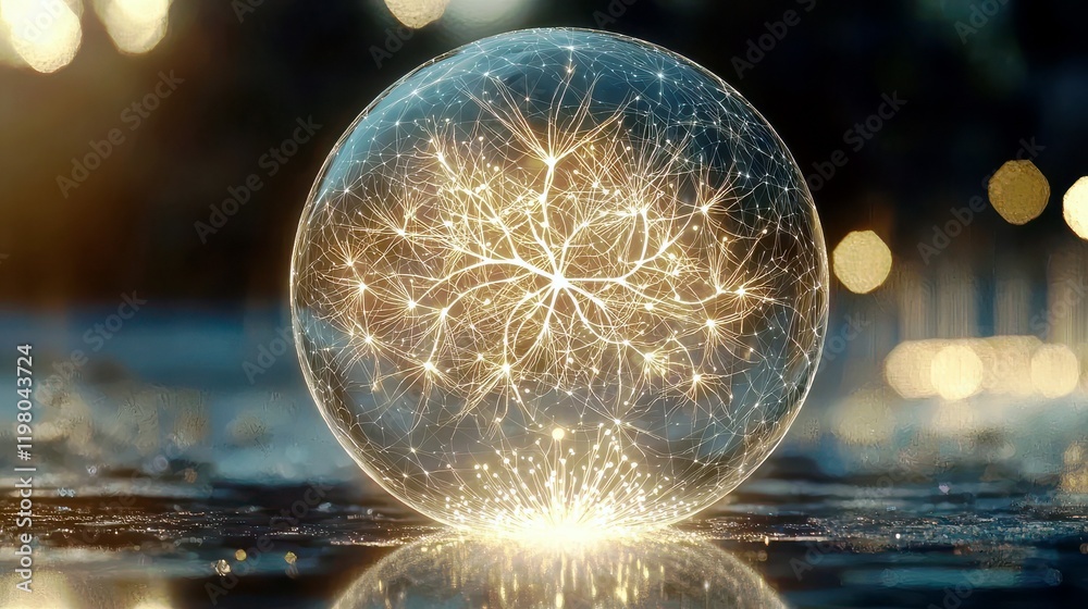 Poster glowing abstract sphere with intricate sparkling patterns illuminating a dark background in a mystic