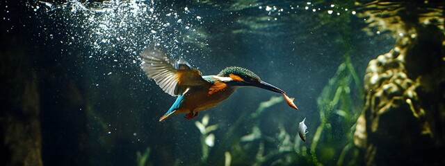 Kingfisher diving into water
