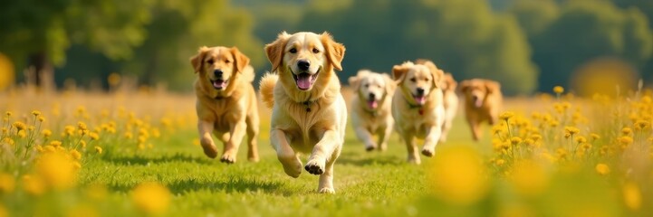 large group of golden retrievers sprinting down a field, wildlife, dogs running, outdoor dogs
