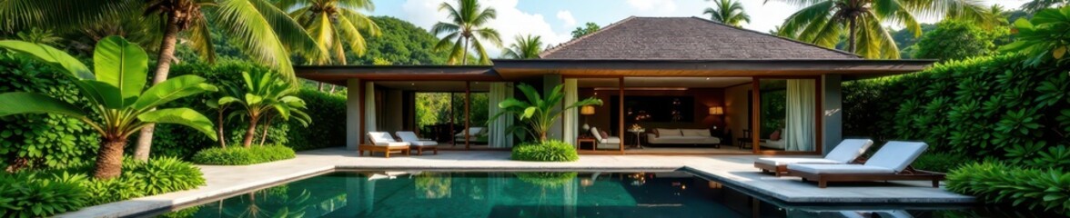 Fototapeta premium Modern tropical villa with pool and garden surrounded by lush greenery, modern design, garden, tropical villa