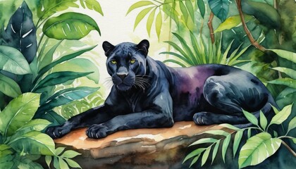 Wild black panther resting majestically among lush green foliage during daylight hours in a tropical habitat