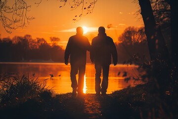 Assisting an elderly man during a sunset walk together