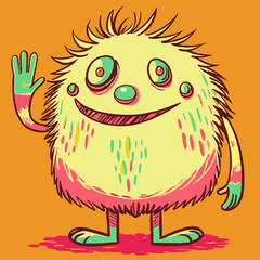 Naklejka premium A cheerful three-eyed cartoon monster waving in vibrant colors, perfect for fun designs.